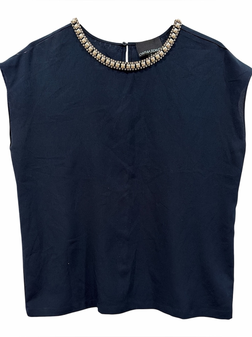 Cynthia Rowley Navy Sleeveless Top with Beaded Collar